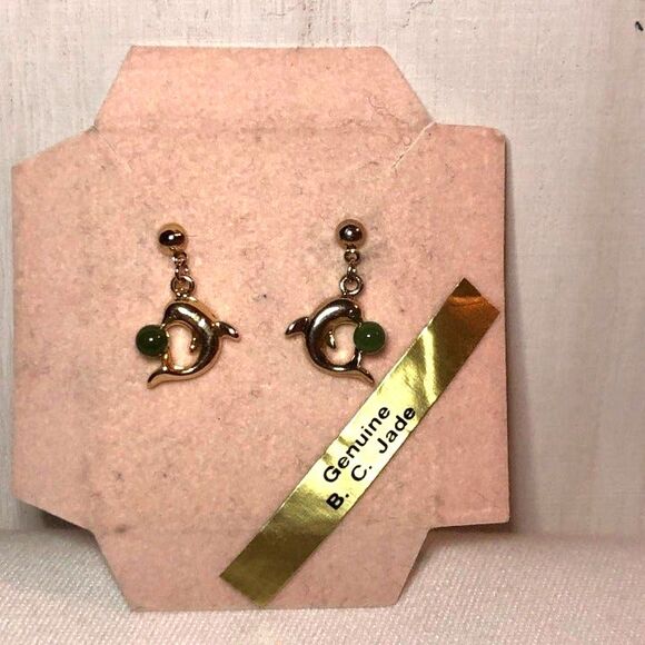 Dolphin Jade Pierced Dangle Earrings Gold Tone - Picture 2 of 5